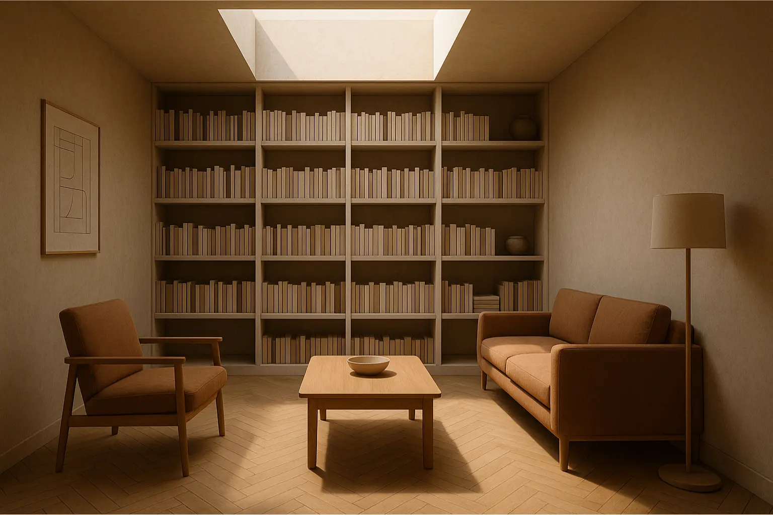 Biblioteca moderna con luz cenital 2